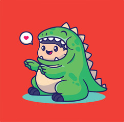 Funny Shiba Cosplaying Dinosaur – Cartoon Animal Costume Set - Kawaii Shiba Inu in Dino Kigurumi – Vector Art for Stickers - Smiling Shiba in Dinosaur Hoodie– Flat Vector Dog Illustration