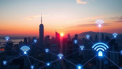 Futuristic cityscape skyline at sunset, wireless network connection icons overlayed, network connection, global network
