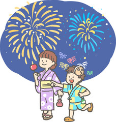 Fototapeta premium 浴衣を着て花火を見る子供のイラスト 