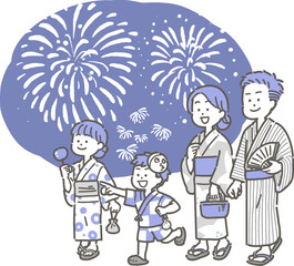 浴衣を着て花火を見る家族のイラスト
