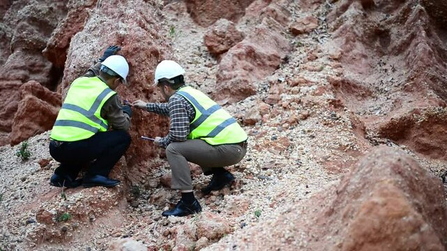 Expert geologists are working together to analyze rock layers in a mountain to study the minerals in the rock layers.