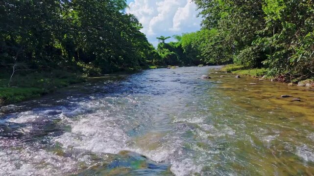 Clear water river flows through dense tropical vegetation in R&iacute;o Maim&oacute;n, Cotu&iacute;, Dominican Republic, near Barrick Gold mine. Aerial flyover
