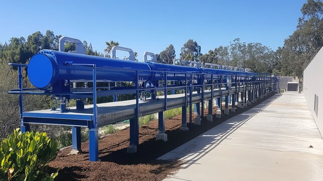 Parallel gas pipelines on elevated rack system running through industrial zone
