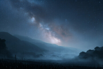 a night sky with a mountain and a field