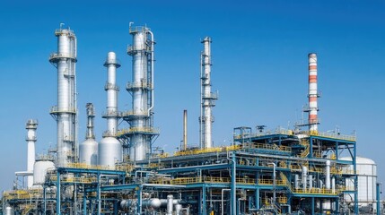 Fototapeta premium Rows of industrial fuel storage tanks at a refinery with pipelines and pressure valves under clear sky