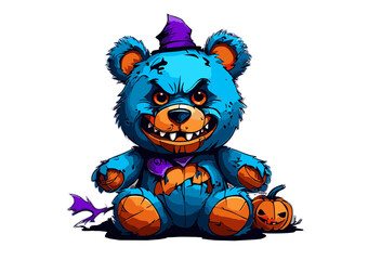 Obraz premium Frightening Halloween Blue Teddy Bear Illustration Spooky, Scary, and Creepy Cartoon Character Design