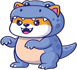 Cute Shiba Inu in Green Dinosaur Costume – Kawaii Dog Illustration - Adorable Shiba Inu Wearing Dino Outfit – Cartoon Style Vector - Shiba Inu Dressed as T-Rex – Funny Pet Costume Illustration 