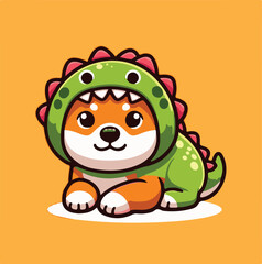 Cute Shiba Inu in Green Dinosaur Costume – Kawaii Dog Illustration - Adorable Shiba Inu Wearing Dino Outfit – Cartoon Style Vector - Shiba Inu Dressed as T-Rex – Funny Pet Costume Illustration 
