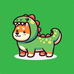 Cute Shiba Inu in Green Dinosaur Costume – Kawaii Dog Illustration - Adorable Shiba Inu Wearing Dino Outfit – Cartoon Style Vector - Shiba Inu Dressed as T-Rex – Funny Pet Costume Illustration 