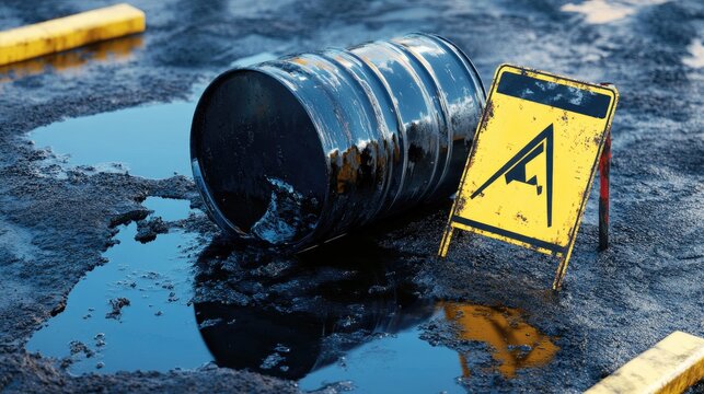 Tilted oil drum spilling dark liquid in containment area with warning signs posted