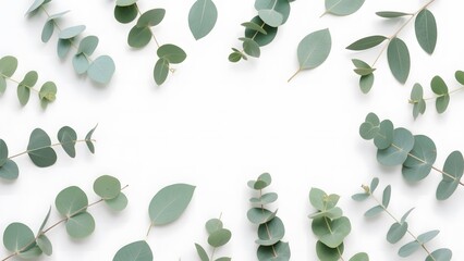 Eucalyptus Leaves Flat Lay in Various Green Shades on White Background - Fresh Botanical Aesthetic
