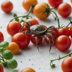 A tiny crab crawling over a bunch of cherry tomatoes on white.