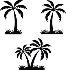 Silhouette Illustration of Three Palm Trees with Grass on a White Background