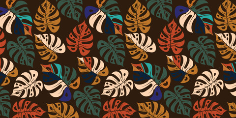 Tropical background with monstera leaves. Green monstera tree leaves decoration design.