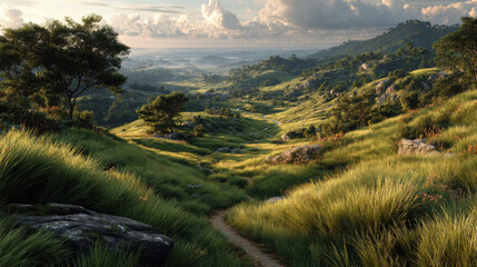 Scenic landscape with lush green hills, winding path, and dramatic sky