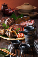 【日本酒と北海鮮魚食材】新鮮な日本海の幸と愉しむ日本酒。アコウ・ノドグロ・カサゴなどの高級魚と甘エビ・ホタテ貝・バイ貝。