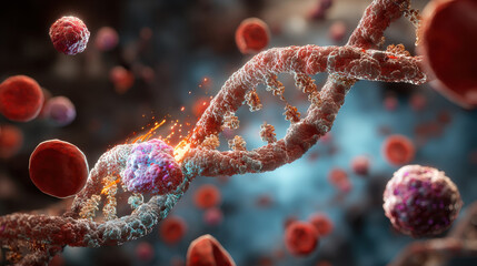 3D rendering of a DNA double helix structure surrounded by healthy immune cells (T-cells and B-cells).
