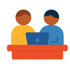 Digital collaboration: Two individuals share a laptop in a modern and minimalist workplace setup, embodying the essence of partnership, innovation, and technology. 