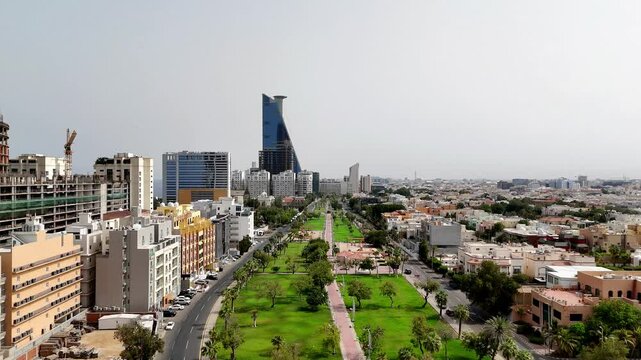 Jeddah: Aerial view of jeddah city in Saudi Arabia, skyline of Waterfront, Red Sea - drone landscape panorama 4k video