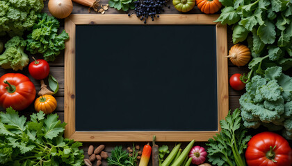 Fresh vegetables and herbs beautifully arranged around a blank chalkboard on a wooden table