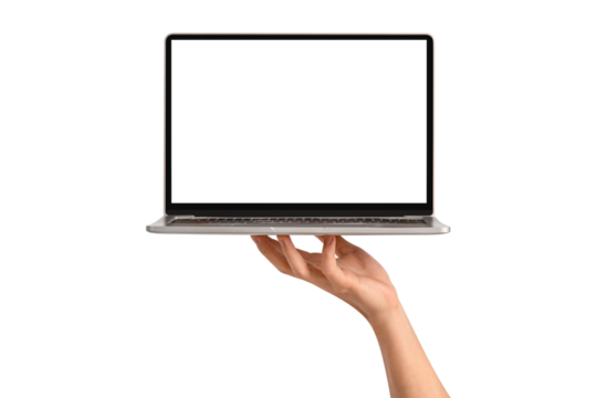 Hand showing laptop computer with blank screen isolated.