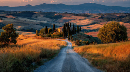 Winding road leads through picturesque Tuscan landscape with rolling hills and farmhouse at sunset