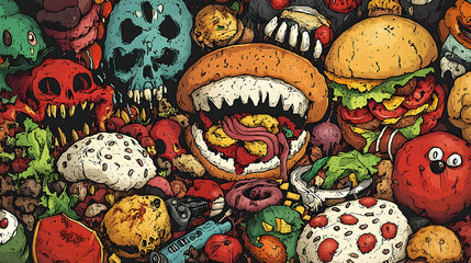 A vibrant graphic design featuring a chaotic collection of food and skulls.