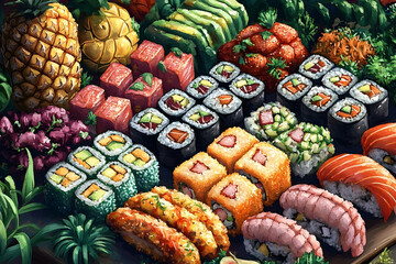 A variety of colorful sushi and other Japanese dishes.