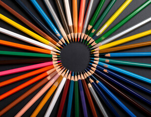 Vibrant Colored Pencils Arranged in a Radial Pattern A Colorful Circle of Creativity