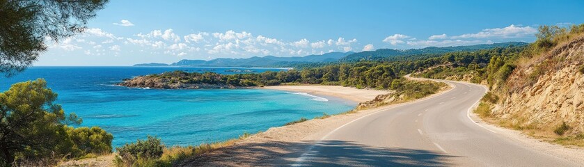 Obraz premium Scenic Coastal Road with Turquoise Water and Green Landscape View