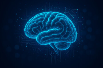 AI generated digital artwork of a glowing blue human brain surrounded by geometric lines and data particles on a dark background, symbolizing AI vision and neural networks.