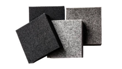 Four square soundproofing panels in varying shades of gray and black