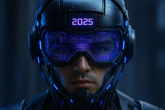 AI generated image of a humanoid male robot wearing a glowing digital helmet with 2025 HUD display portraying a futuristic control system atmosphere