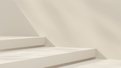 A 3D rendering of a product display stand made of clear glass, accompanied by decorative plants in the background, set against a horizontal beige wall.