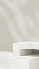 A 3D rendering of a product display stand made of clear glass, accompanied by decorative plants in the background, set against a horizontal beige wall.