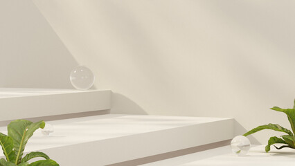 A 3D rendering of a product display stand made of clear glass, accompanied by decorative plants in the background, set against a horizontal beige wall.