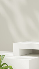 A 3D rendering of a product display stand made of clear glass, accompanied by decorative plants in the background, set against a horizontal beige wall.