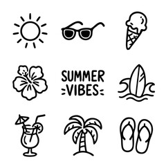 Obraz premium A set of doodle line icons capturing the essence of summer fun with sun, palm tree, surfboard, ice cream, sunglasses, and drinks