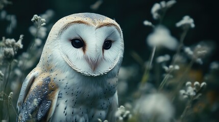 Naklejka premium A beautiful barn owl sits amidst soft white wildflowers, gazing intently. Use it for projects about nature, wildlife, or wise, watchful creatures.