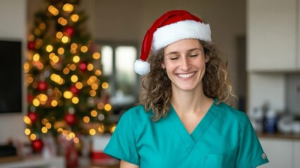Healthcare professional wearing santa hat beside christmas tree seasonal festive cheer portrait - Powered by Adobe