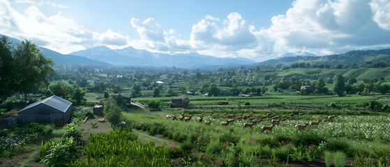 Scenic Rural Valley View With Fluffy Clouds