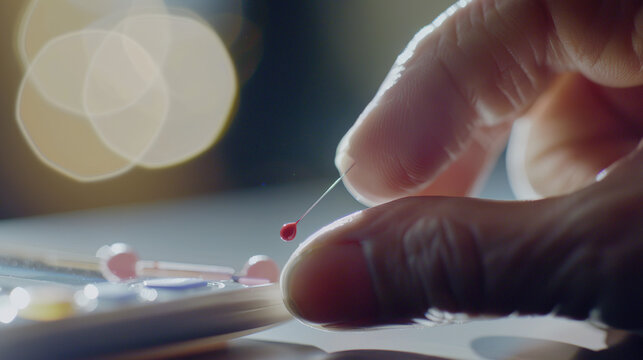 Close-up of diabetic finger prick test with blood drop on glucose meter, diabetes care and monitoring, health checkup and medical examination concept.
