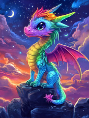 Adorable Fantasy Dragon Magical Night Sky Stars Colorful Wings Vibrant Rainbow Illustration Bright Mythical Beast Stone Clouds Nature Imagination Enchantment Portrait Children Friendly Ally Universe