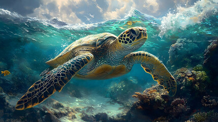 Fototapeta premium Detailed illustration of a sea turtle swimming in a vibrant coral reef environment.