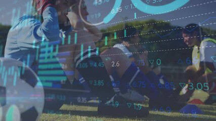 Coach securing ankles and athletes performing sit-ups when finance chart overlaying soccer ball - Powered by Adobe