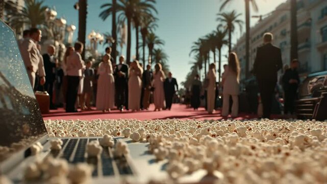 Low-angle shot of popcorn scattered on a red carpet near a laptop as a glamorous crowd gathers for a movie premiere under palm trees in bright afternoon sunlight