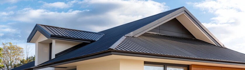 Fototapeta premium Modern Architectural Design of Residential Roof Against Blue Sky