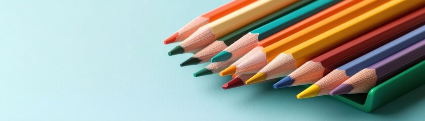 Fototapeta premium Vibrant Colored Pencils Arranged Neatly on Soft Blue Background