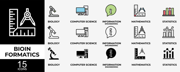 BIOINFORMATICS icon set with various styles and colors of biology, computer science, information engineering, mathematics and statistics