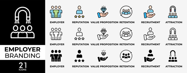 EMPLOYER BRANDING icon set with various styles and colors of pay raise, reputation, value proposition, retention, recruitment and attraction icons perfect symbol background